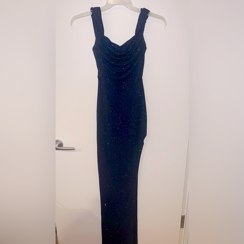 Navy blue sparkle gown with a slit